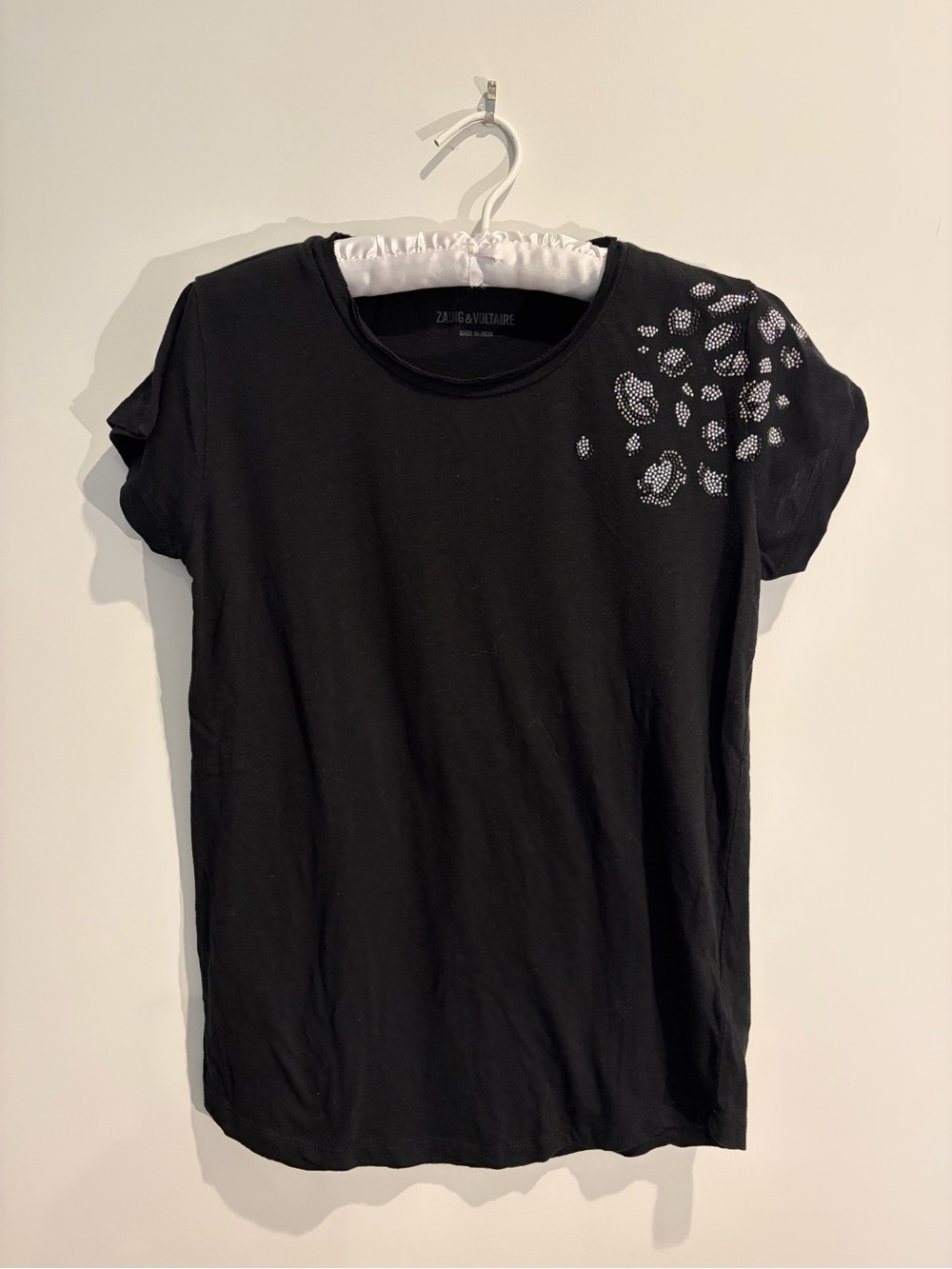 Zadig & Voltaire Black Short Sleeve Tee with Silver Rhinestone Leopard Accent